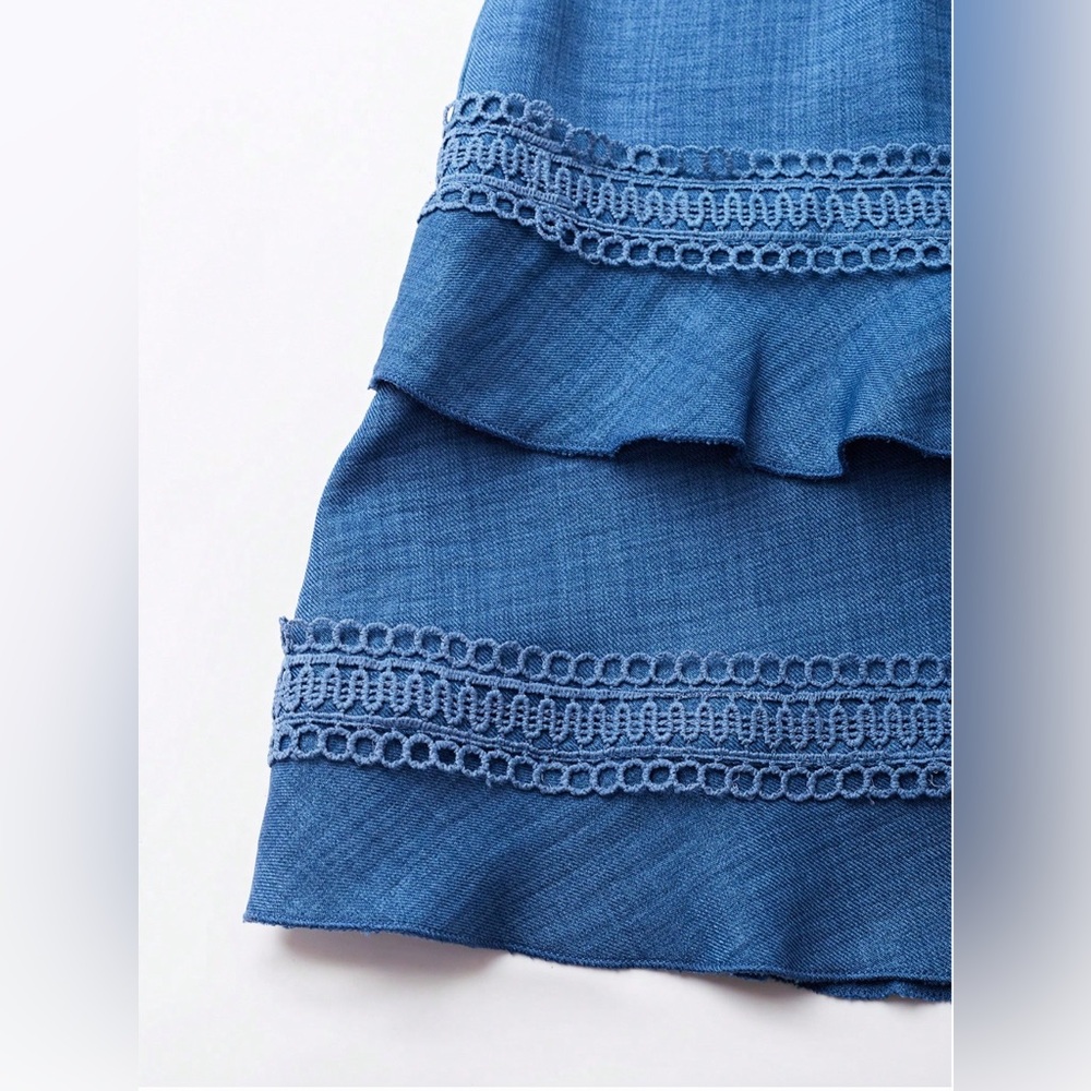 Lace Insert Trim Puff Sleeve Mini Dress Blue - Picture 5 of 9